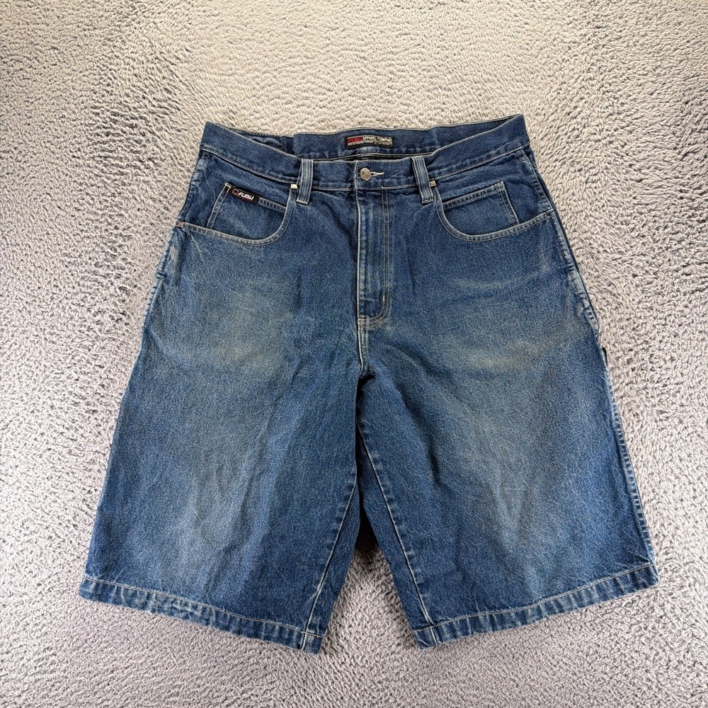 VTG Fubu Shorts Mens 36 Blue Cotton Denim Bermuda Faded Carpenter Workwear Baggy